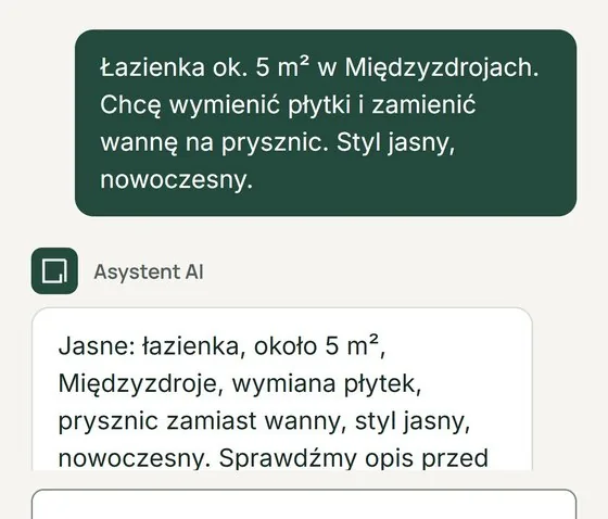 Prawdziwy ekran rozmowy: klient opisuje remont łazienki, asystent AI streszcza szczegóły