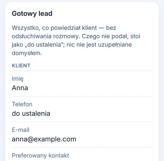 Prawdziwy ekran panelu właściciela: gotowe zgłoszenie z danymi klienta